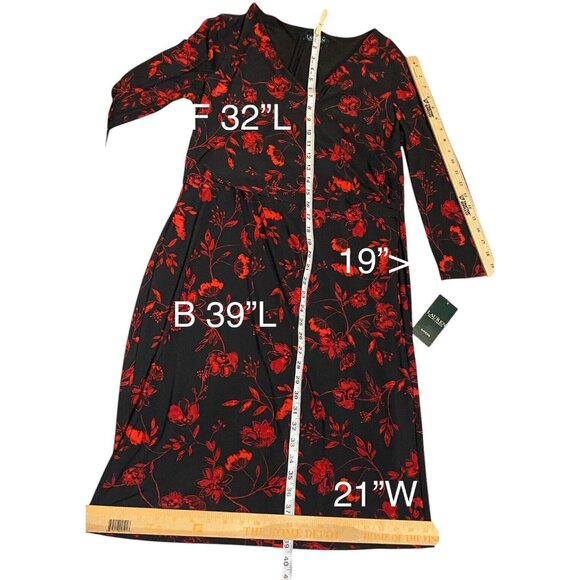 Lauren Ralph Lauren Dress 16 Surplice Jersey Faux Wrap Black Red Midi - Picture 10 of 15